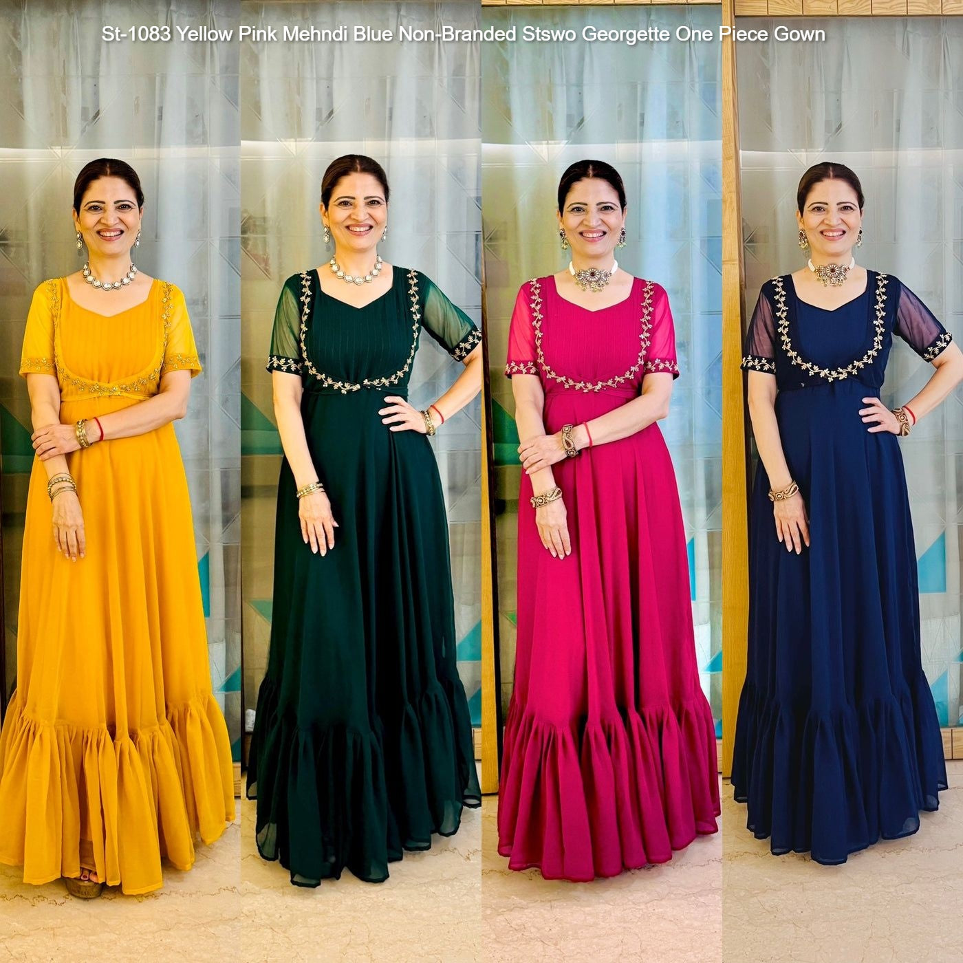 St-1083 Yellow Pink Mehndi Blue Non-Branded Stswo Georgette One Piece Gown