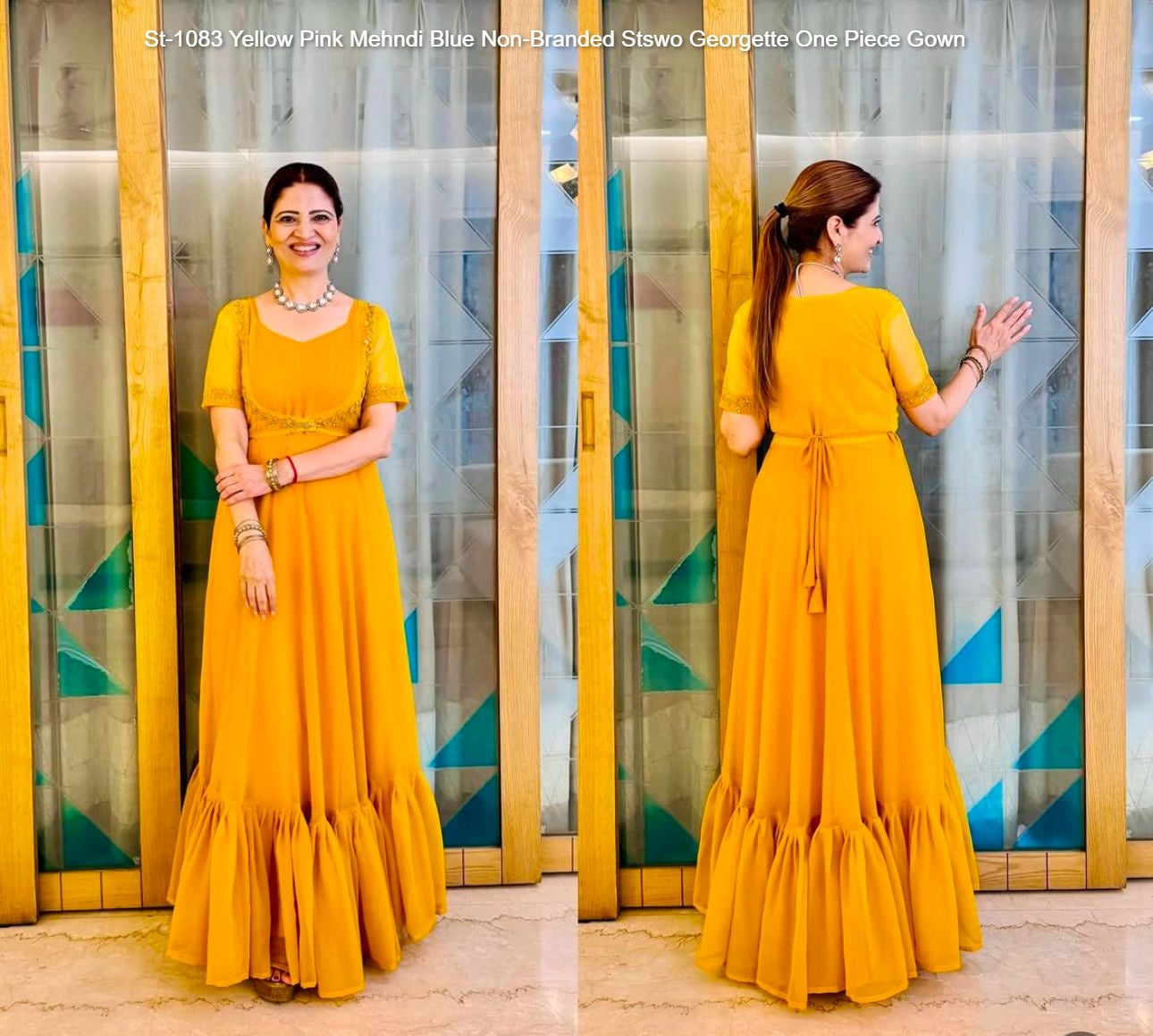 St-1083 Yellow Pink Mehndi Blue Non-Branded Stswo Georgette One Piece Gown