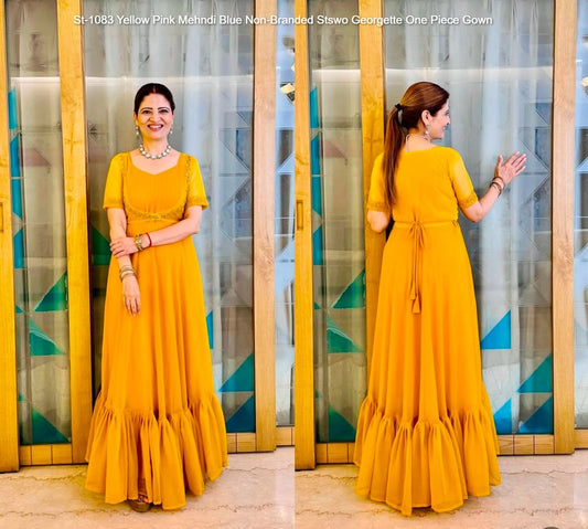 St-1083 Yellow Pink Mehndi Blue Non-Branded Stswo Georgette One Piece Gown