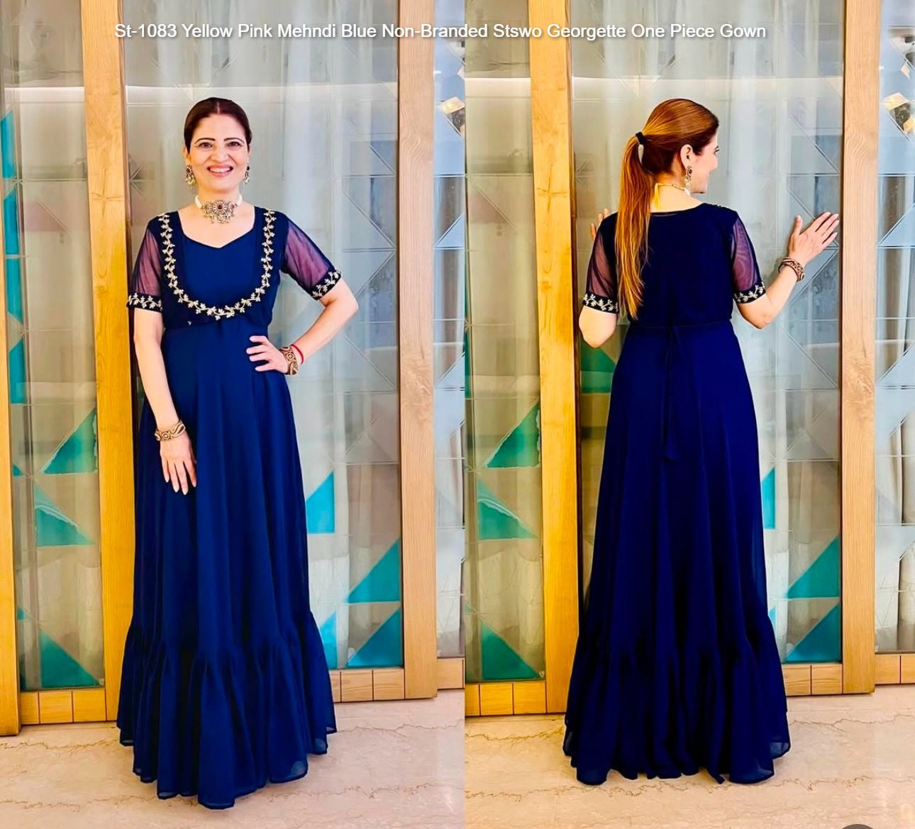 St-1083 Yellow Pink Mehndi Blue Non-Branded Stswo Georgette One Piece Gown