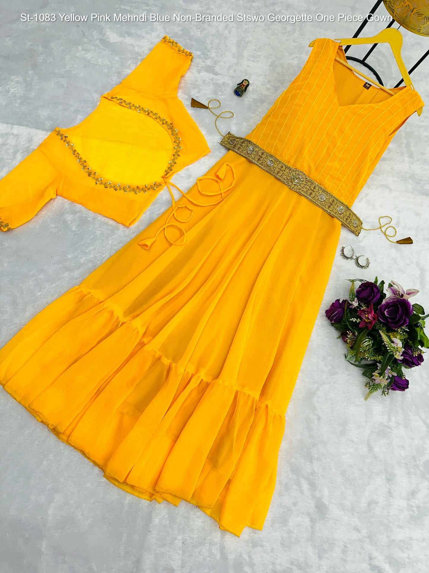 St-1083 Yellow Pink Mehndi Blue Non-Branded Stswo Georgette One Piece Gown