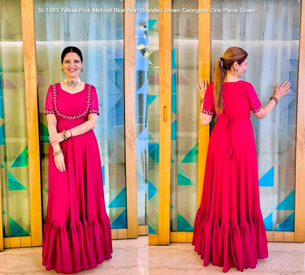 St-1083 Yellow Pink Mehndi Blue Non-Branded Stswo Georgette One Piece Gown