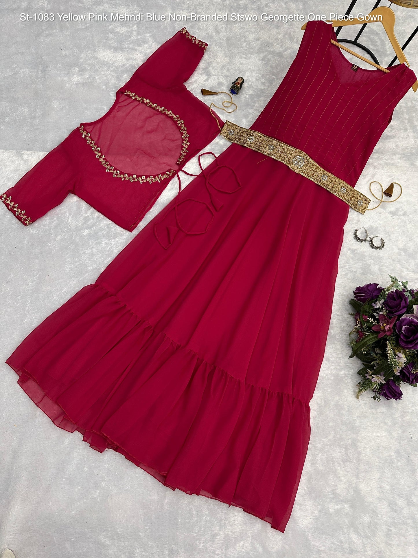 St-1083 Yellow Pink Mehndi Blue Non-Branded Stswo Georgette One Piece Gown