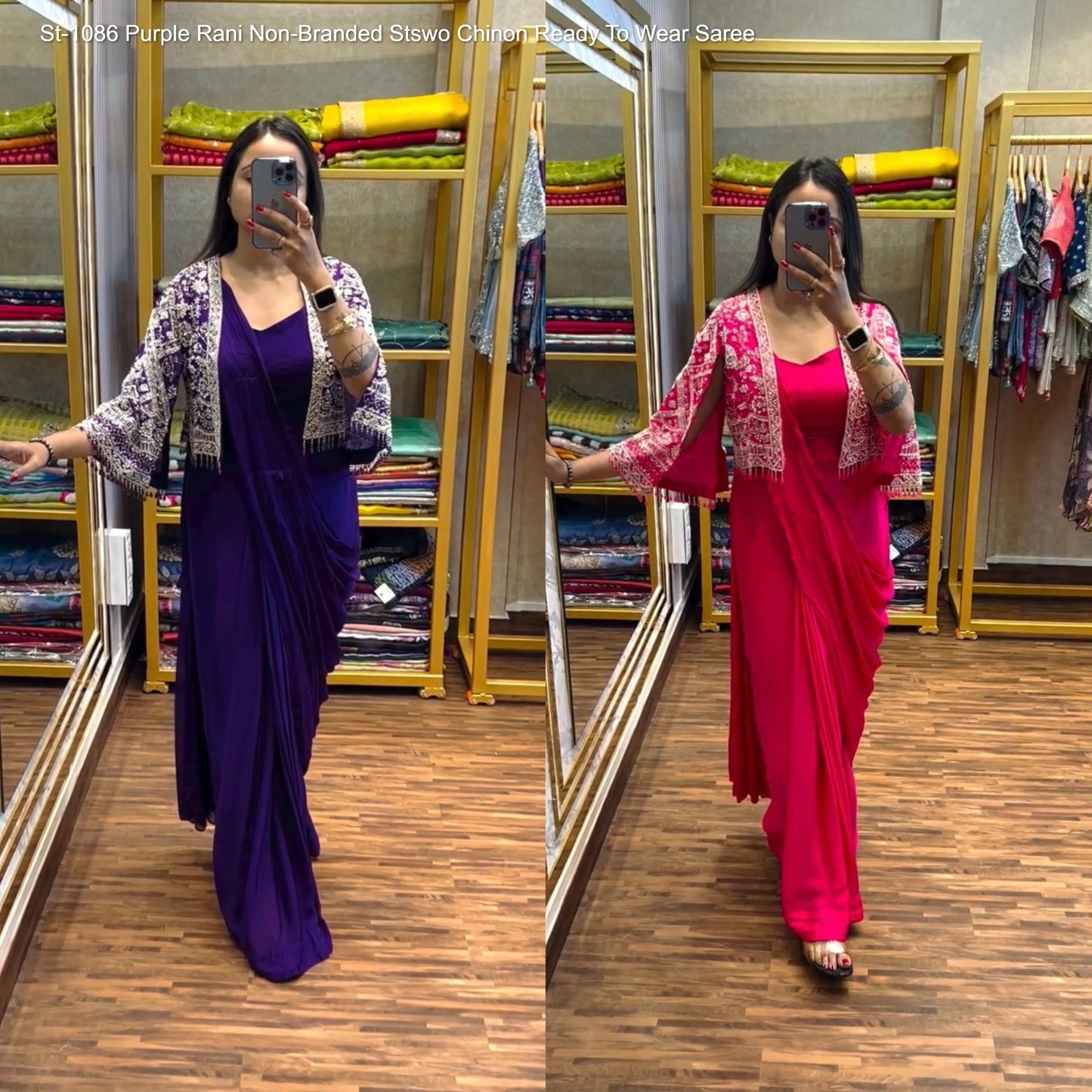 St-1086 Purple Rani Non-Branded Stswo Chinon Ready To Wear Saree