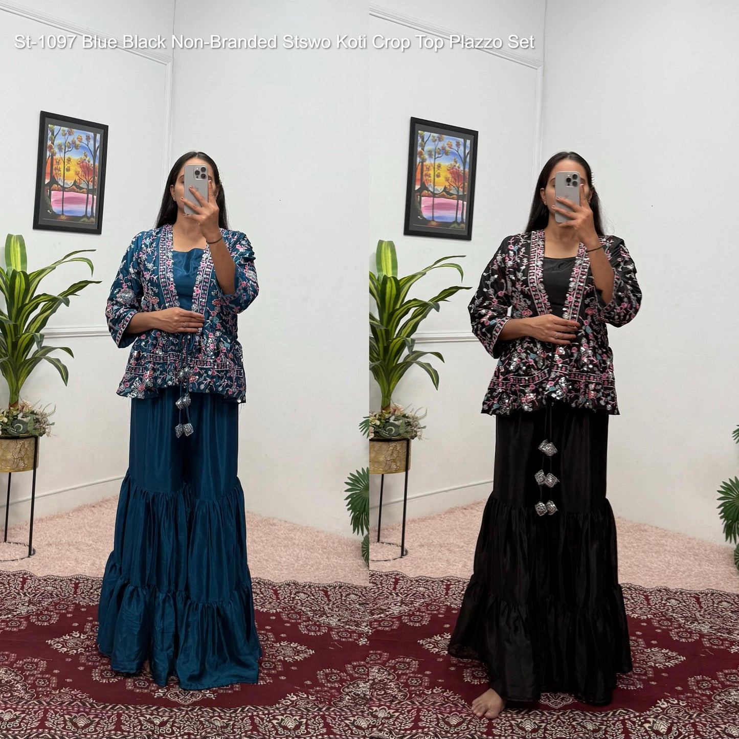 St-1097 Blue Black Non-Branded Stswo Koti Crop Top Plazzo Set