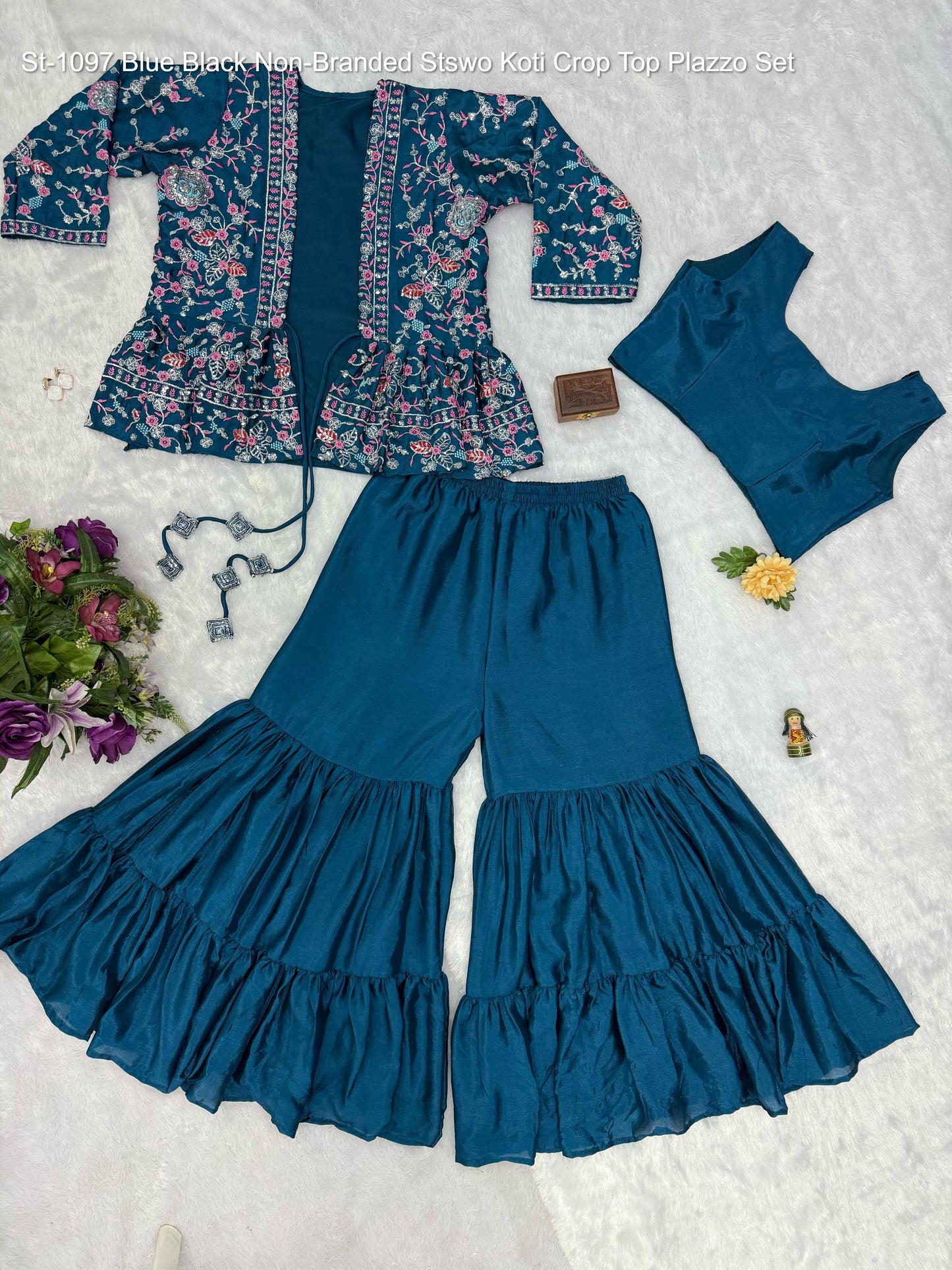 St-1097 Blue Black Non-Branded Stswo Koti Crop Top Plazzo Set