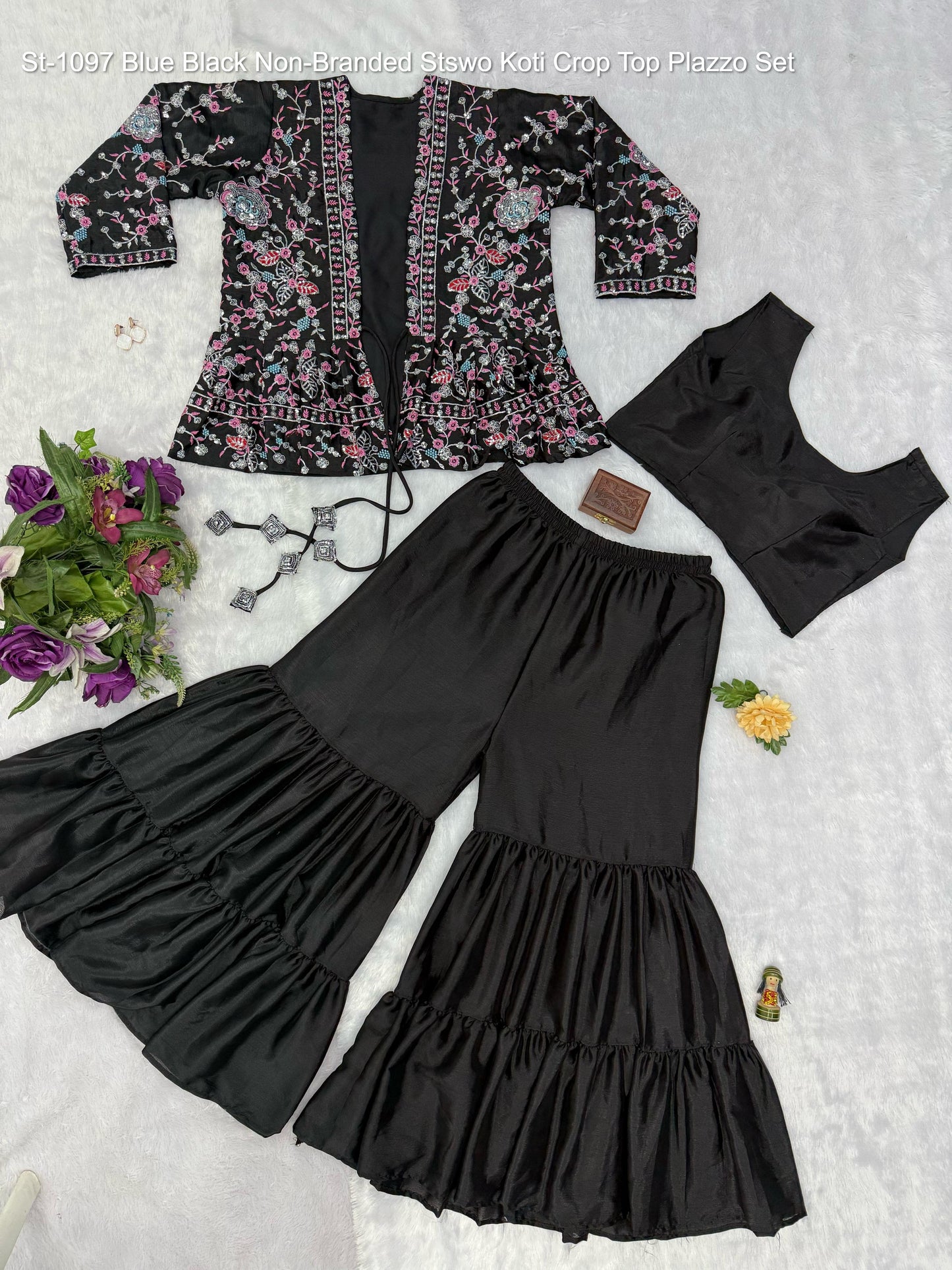 St-1097 Blue Black Non-Branded Stswo Koti Crop Top Plazzo Set