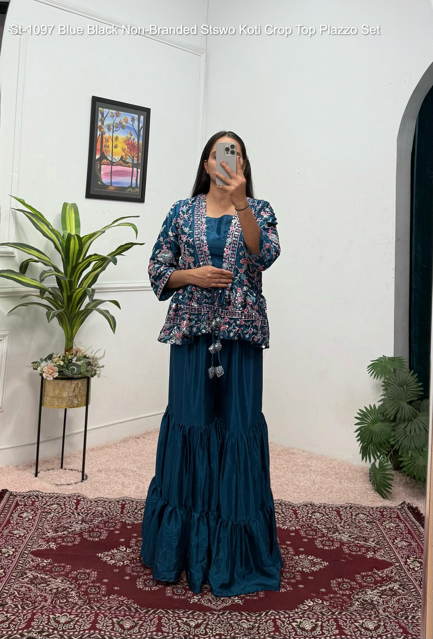 St-1097 Blue Black Non-Branded Stswo Koti Crop Top Plazzo Set