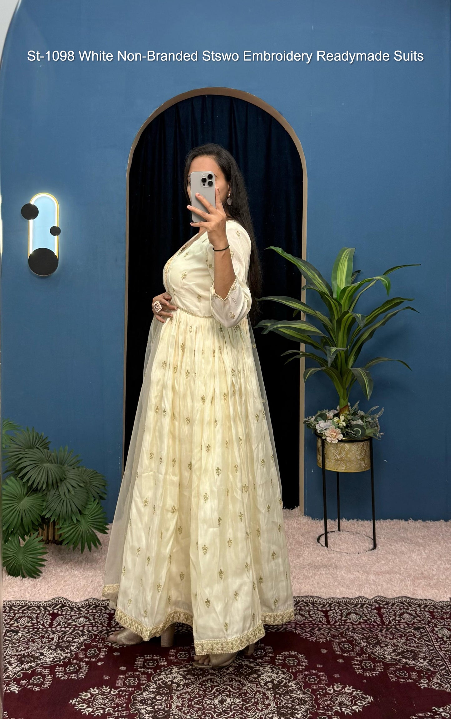 St-1098 White Non-Branded Stswo Embroidery Readymade Suits