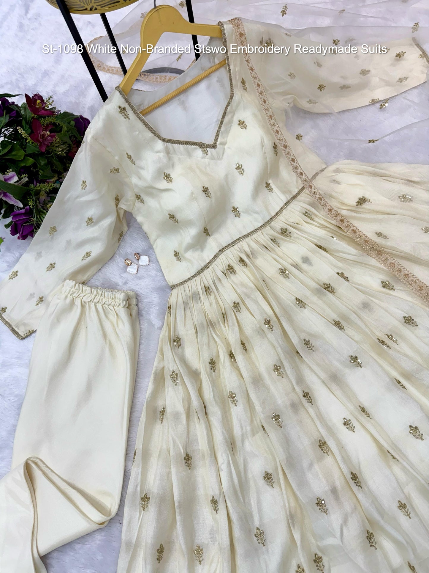 St-1098 White Non-Branded Stswo Embroidery Readymade Suits