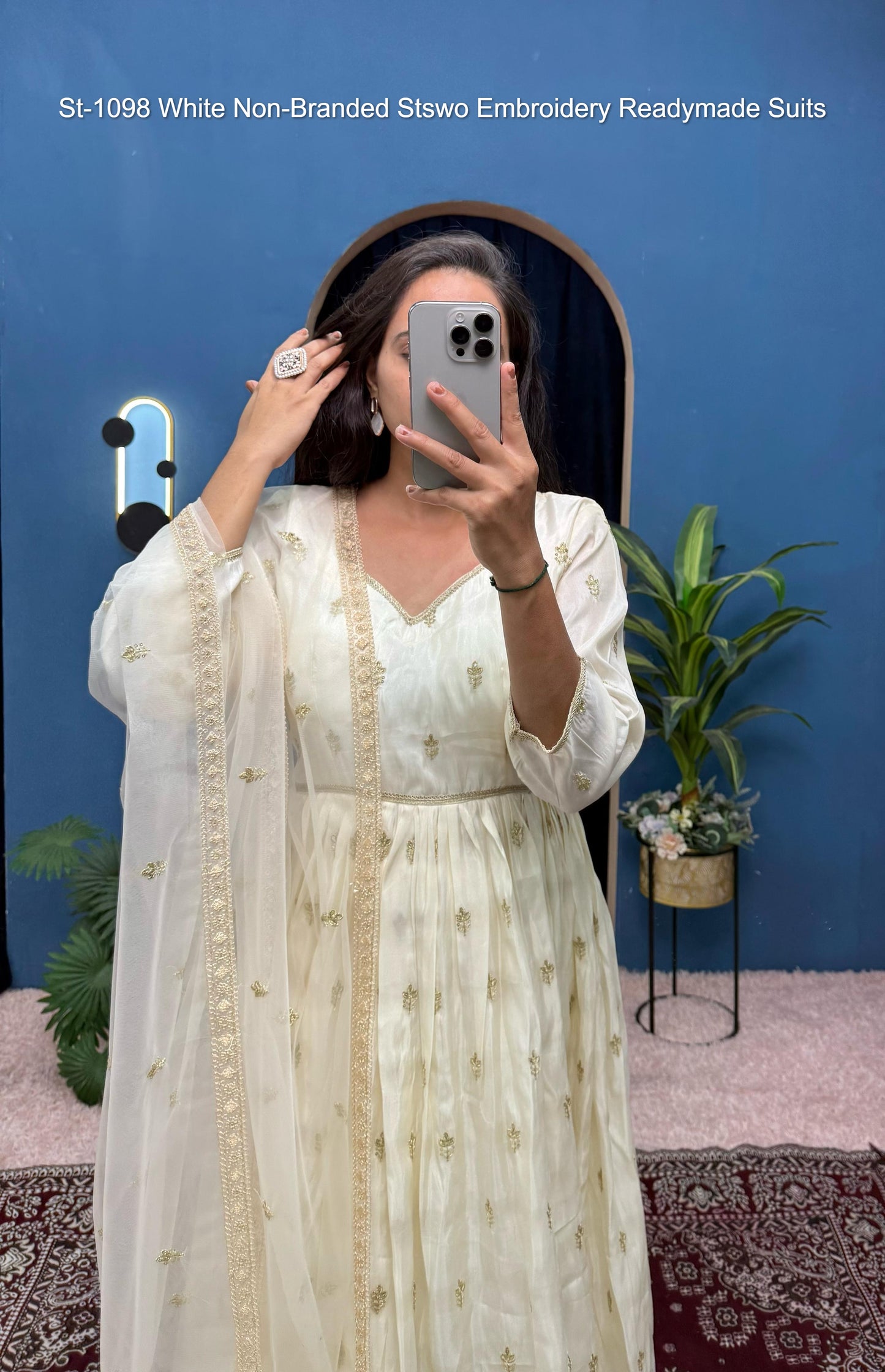 St-1098 White Non-Branded Stswo Embroidery Readymade Suits