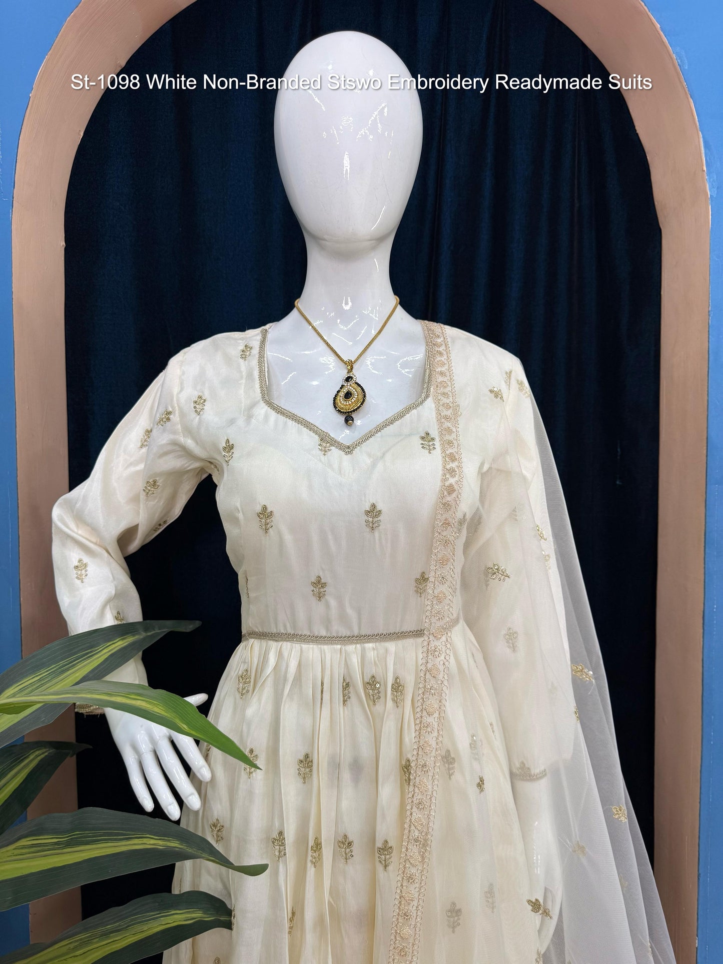 St-1098 White Non-Branded Stswo Embroidery Readymade Suits