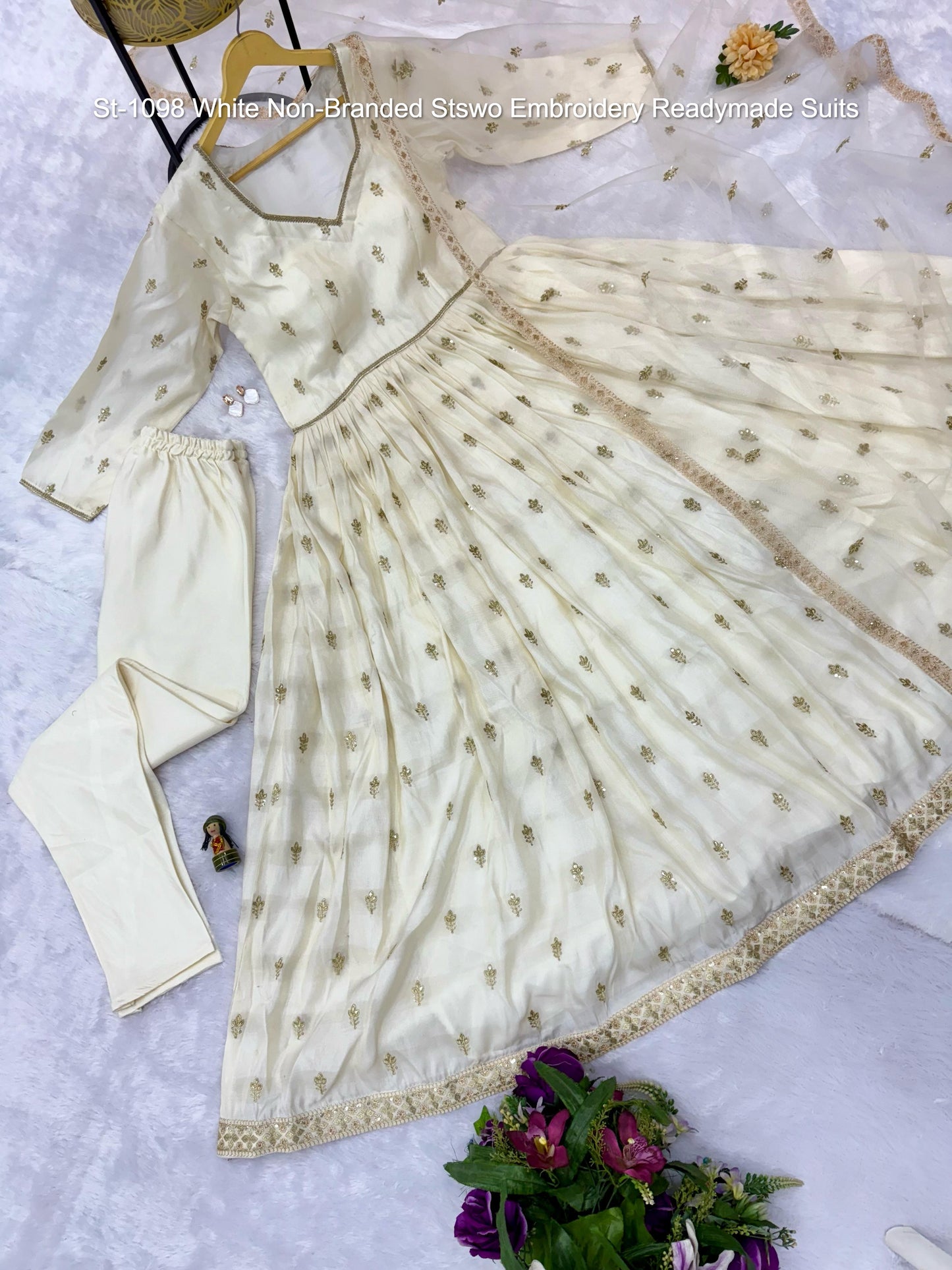 St-1098 White Non-Branded Stswo Embroidery Readymade Suits