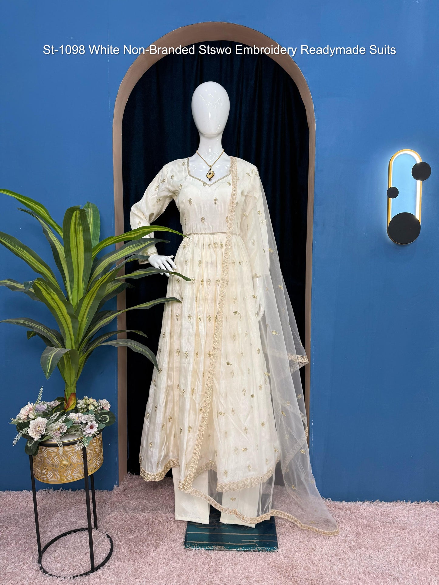 St-1098 White Non-Branded Stswo Embroidery Readymade Suits