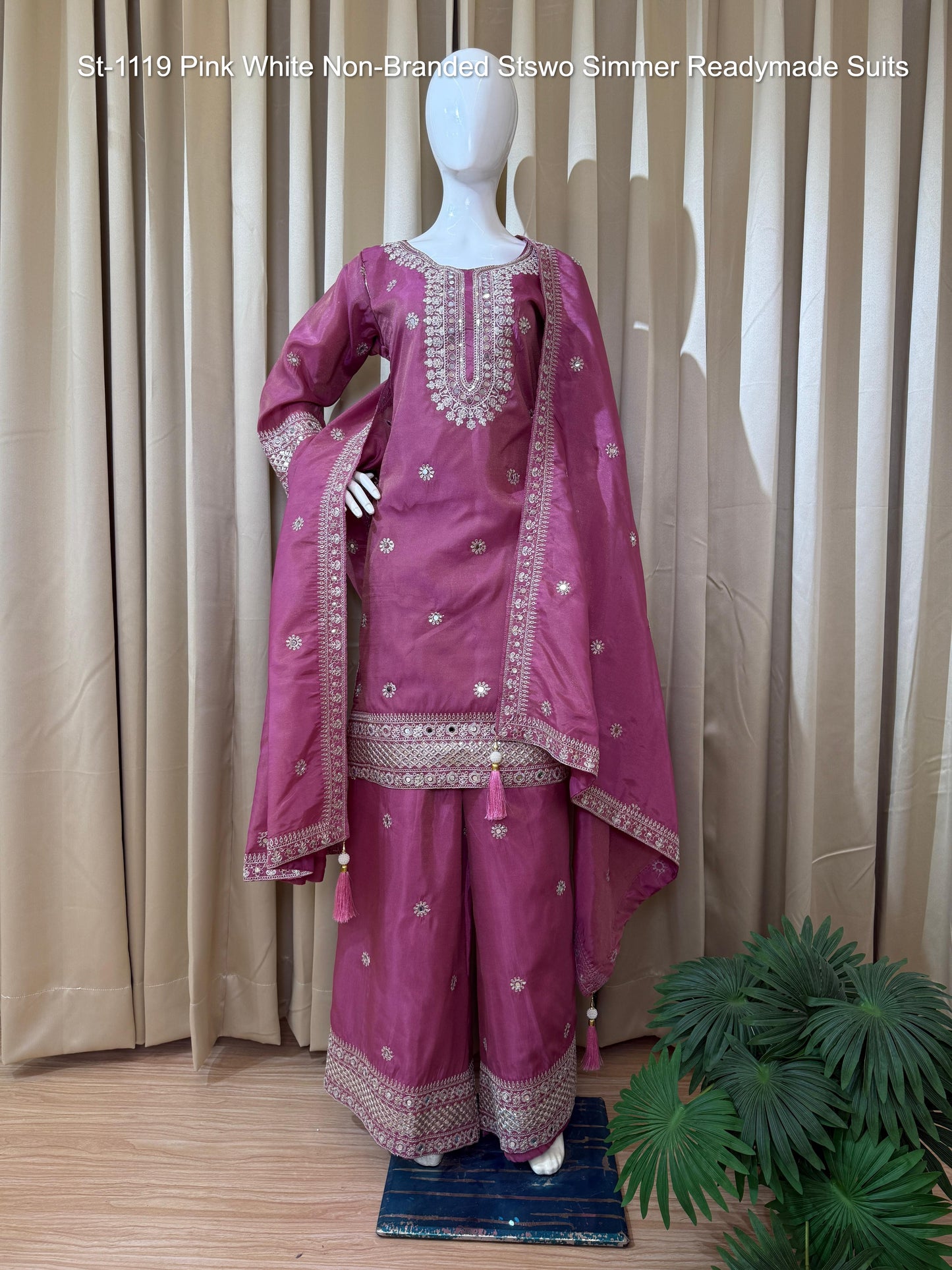 St-1119 Pink White Non-Branded Stswo Simmer Readymade Suits