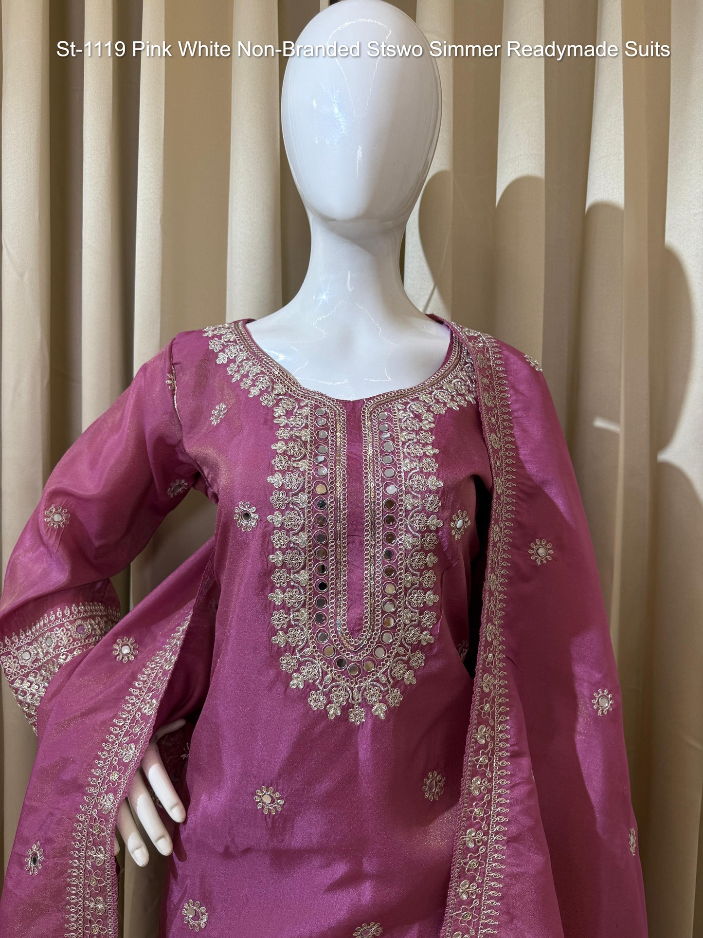 St-1119 Pink White Non-Branded Stswo Simmer Readymade Suits