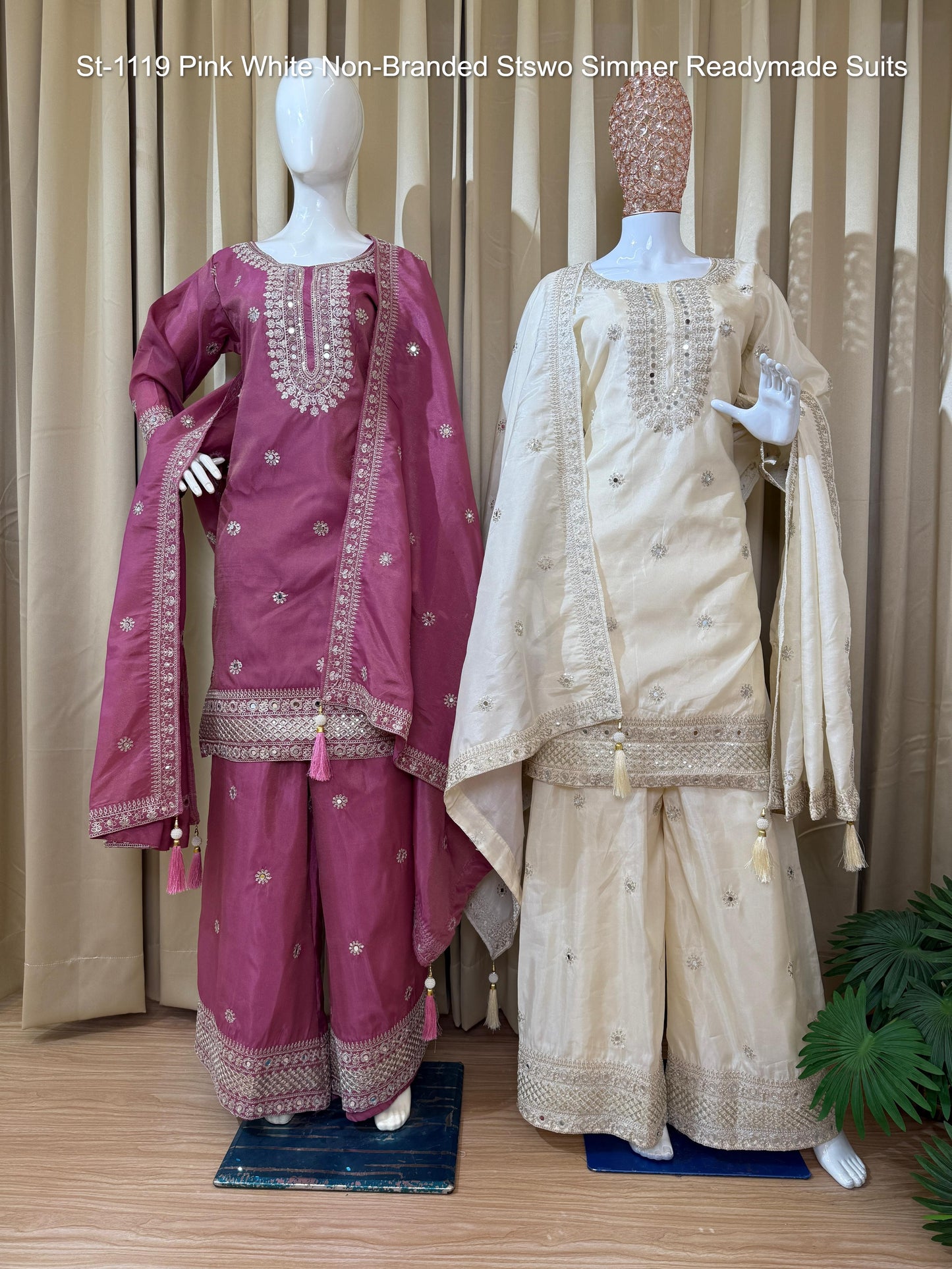 St-1119 Pink White Non-Branded Stswo Simmer Readymade Suits