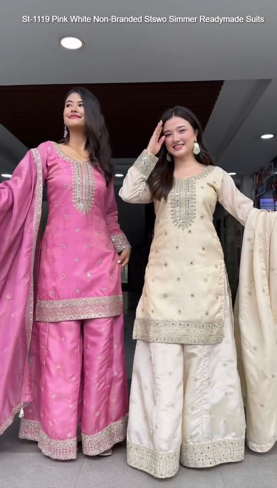 St-1119 Pink White Non-Branded Stswo Simmer Readymade Suits