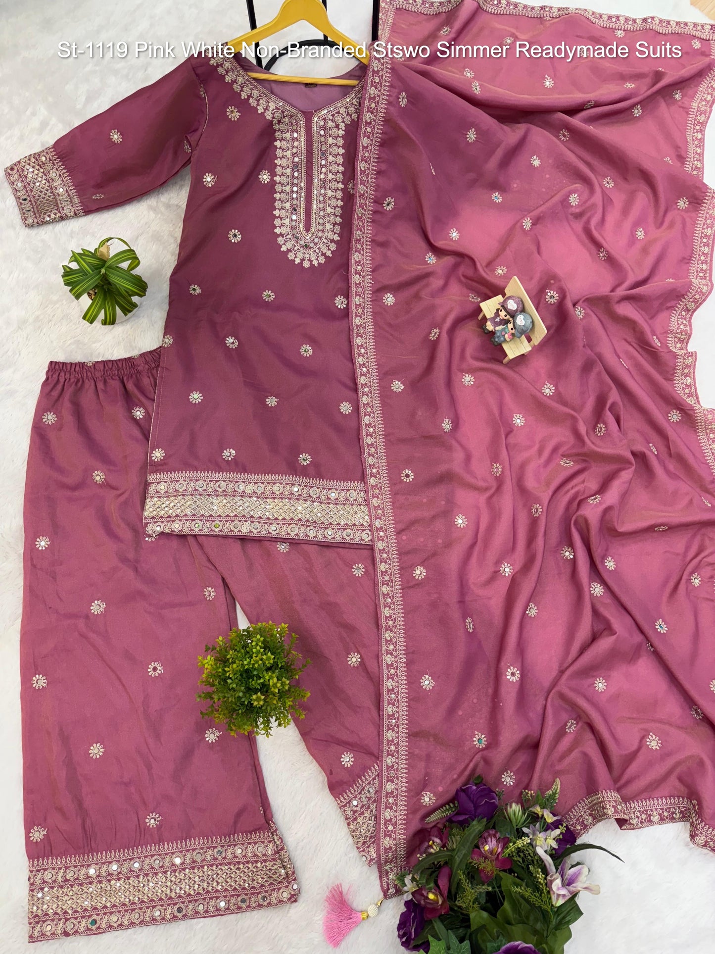 St-1119 Pink White Non-Branded Stswo Simmer Readymade Suits