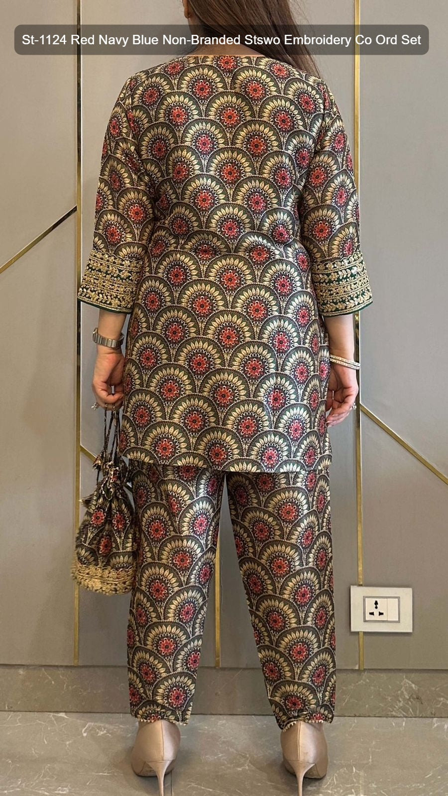 St-1124 Red Navy Blue Non-Branded Stswo Embroidery Co Ord Set