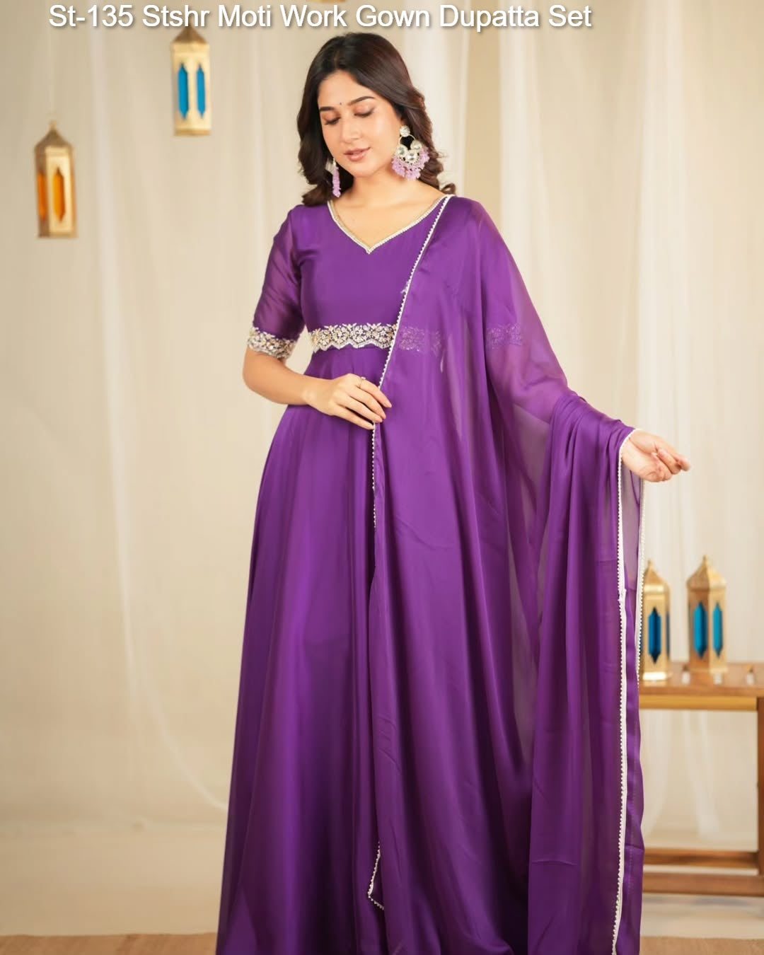 St-135 Stshr Moti Work Gown Dupatta Set