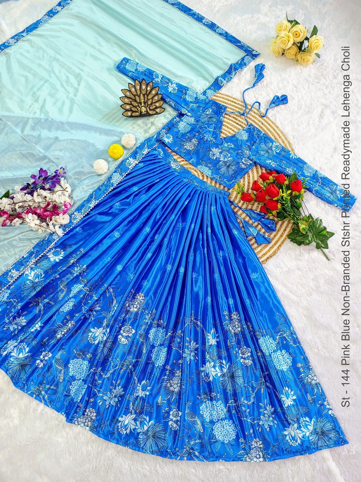 St - 144 Pink Blue Non-Branded Stshr Printed Readymade Lehenga Choli