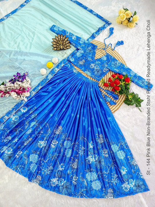 St - 144 Pink Blue Non-Branded Stshr Printed Readymade Lehenga Choli