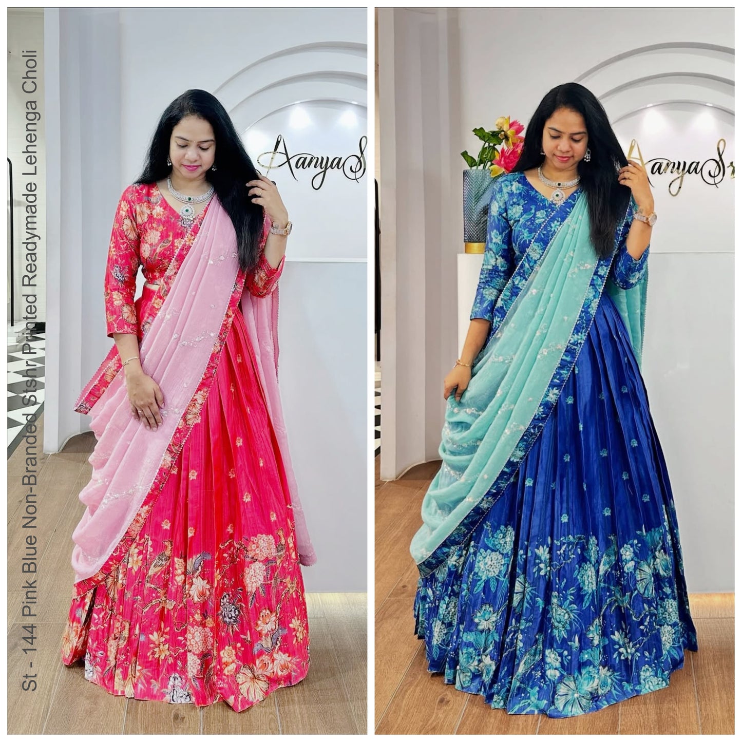 St - 144 Pink Blue Non-Branded Stshr Printed Readymade Lehenga Choli