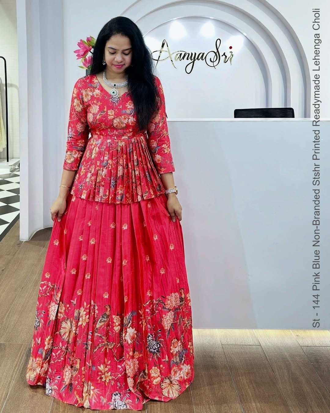 St - 144 Pink Blue Non-Branded Stshr Printed Readymade Lehenga Choli