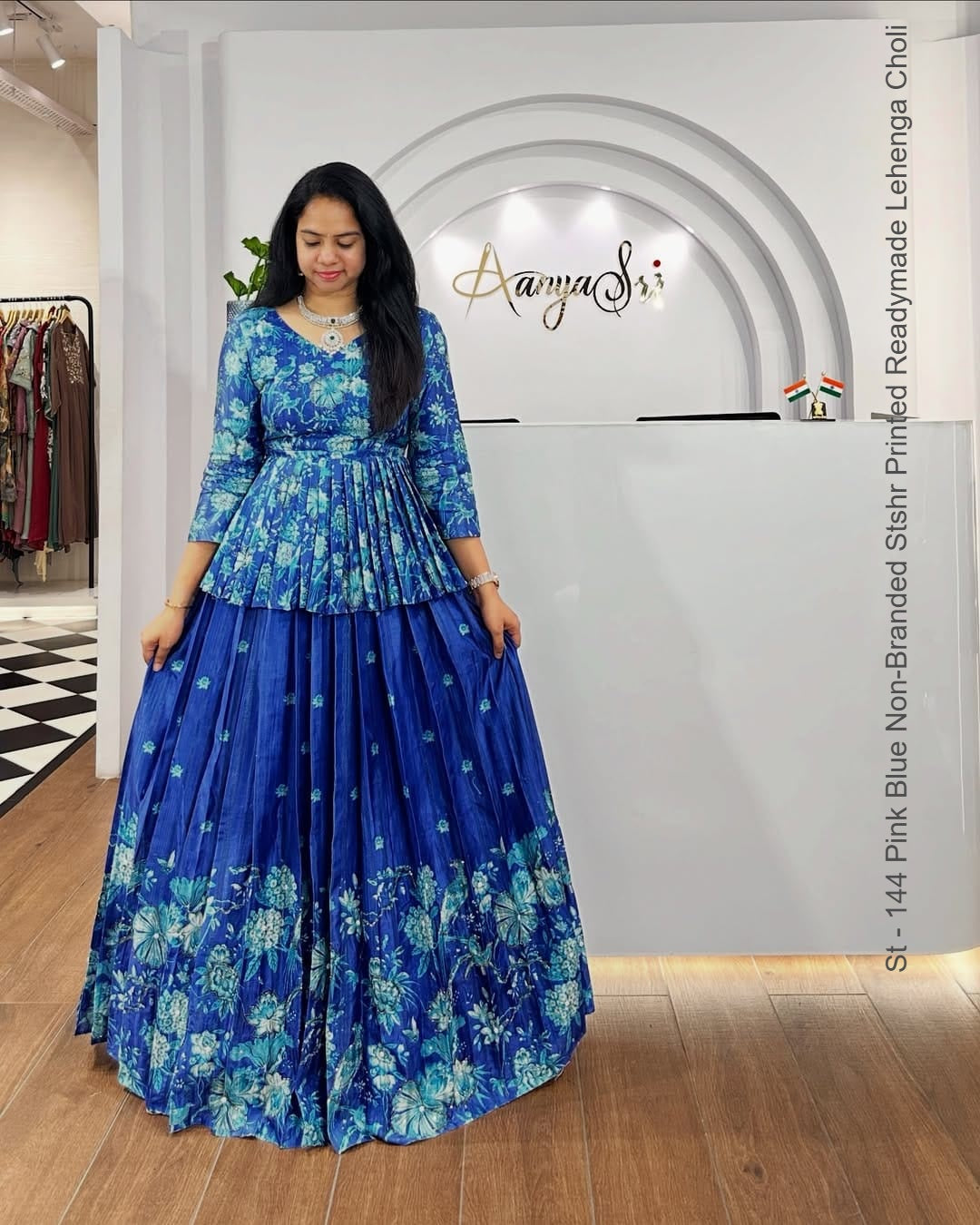 St - 144 Pink Blue Non-Branded Stshr Printed Readymade Lehenga Choli