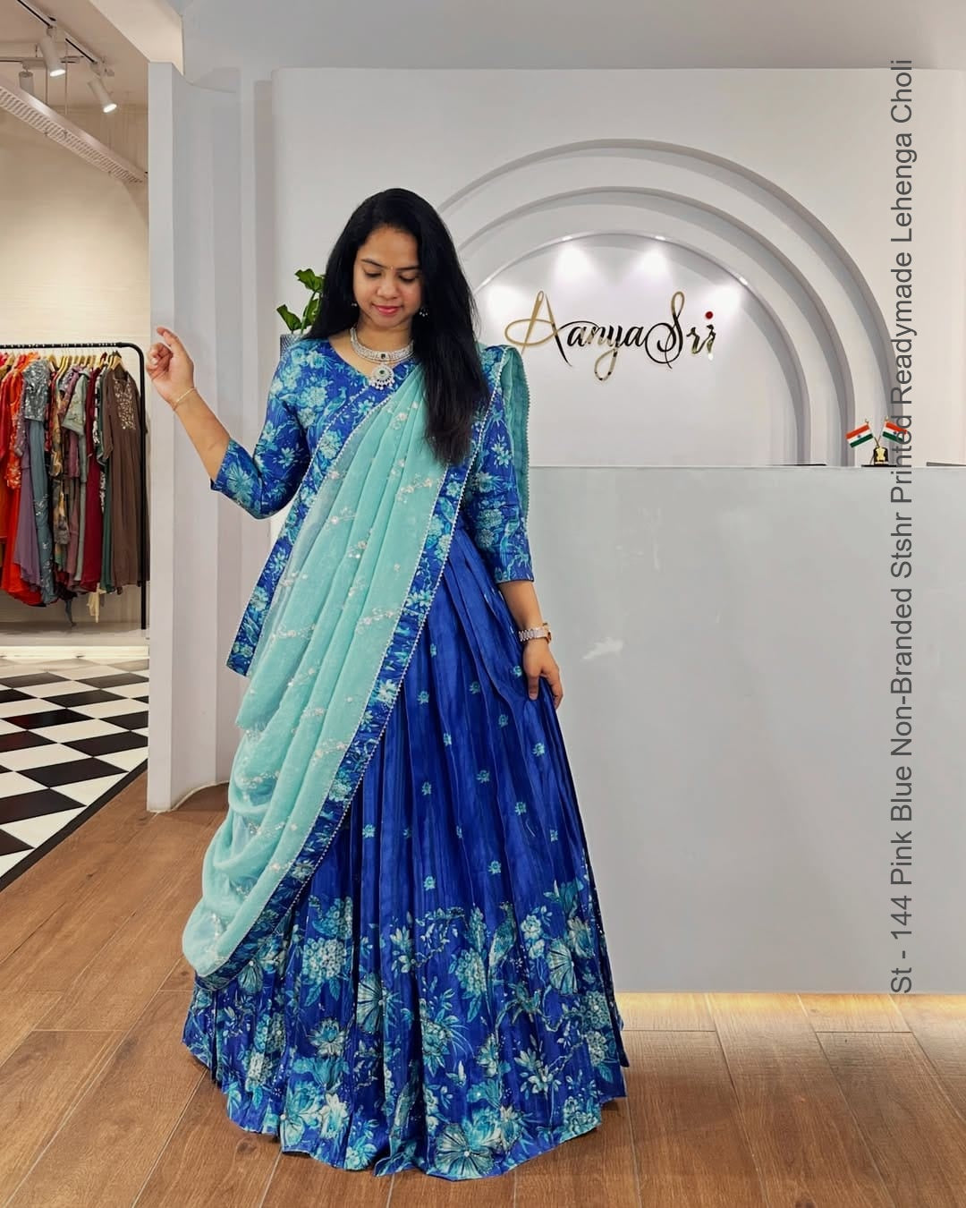 St - 144 Pink Blue Non-Branded Stshr Printed Readymade Lehenga Choli