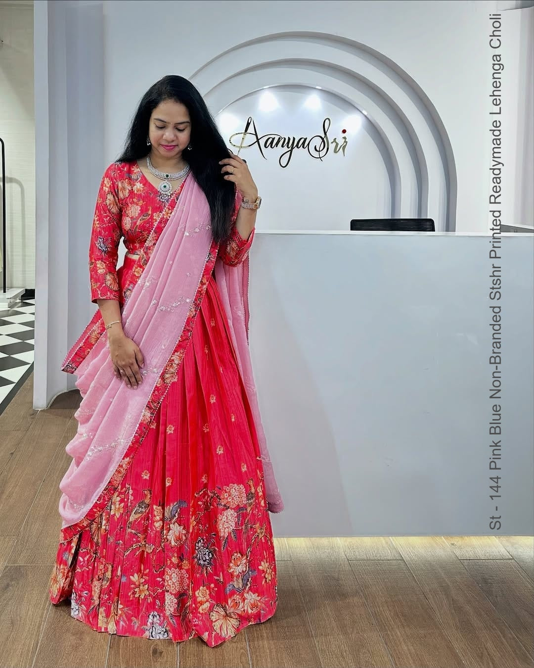 St - 144 Pink Blue Non-Branded Stshr Printed Readymade Lehenga Choli
