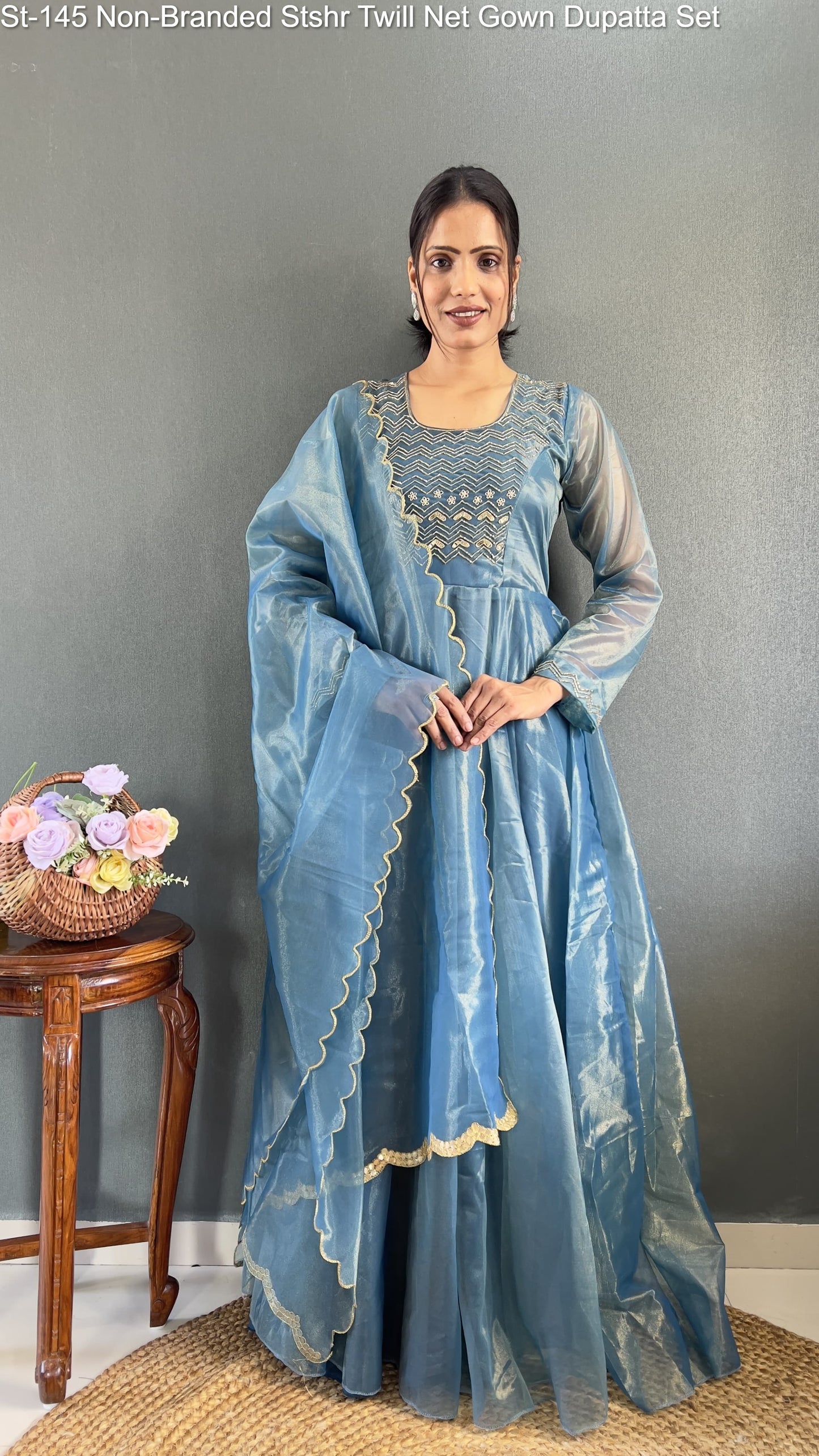 St-145 Non-Branded Stshr Twill Net Gown Dupatta Set