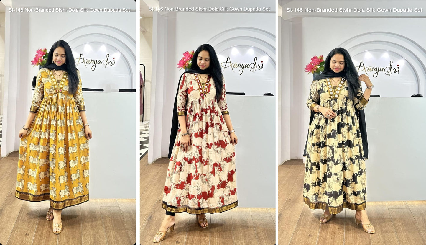 St-146 Non-Branded Stshr Dola Silk Gown Dupatta Set