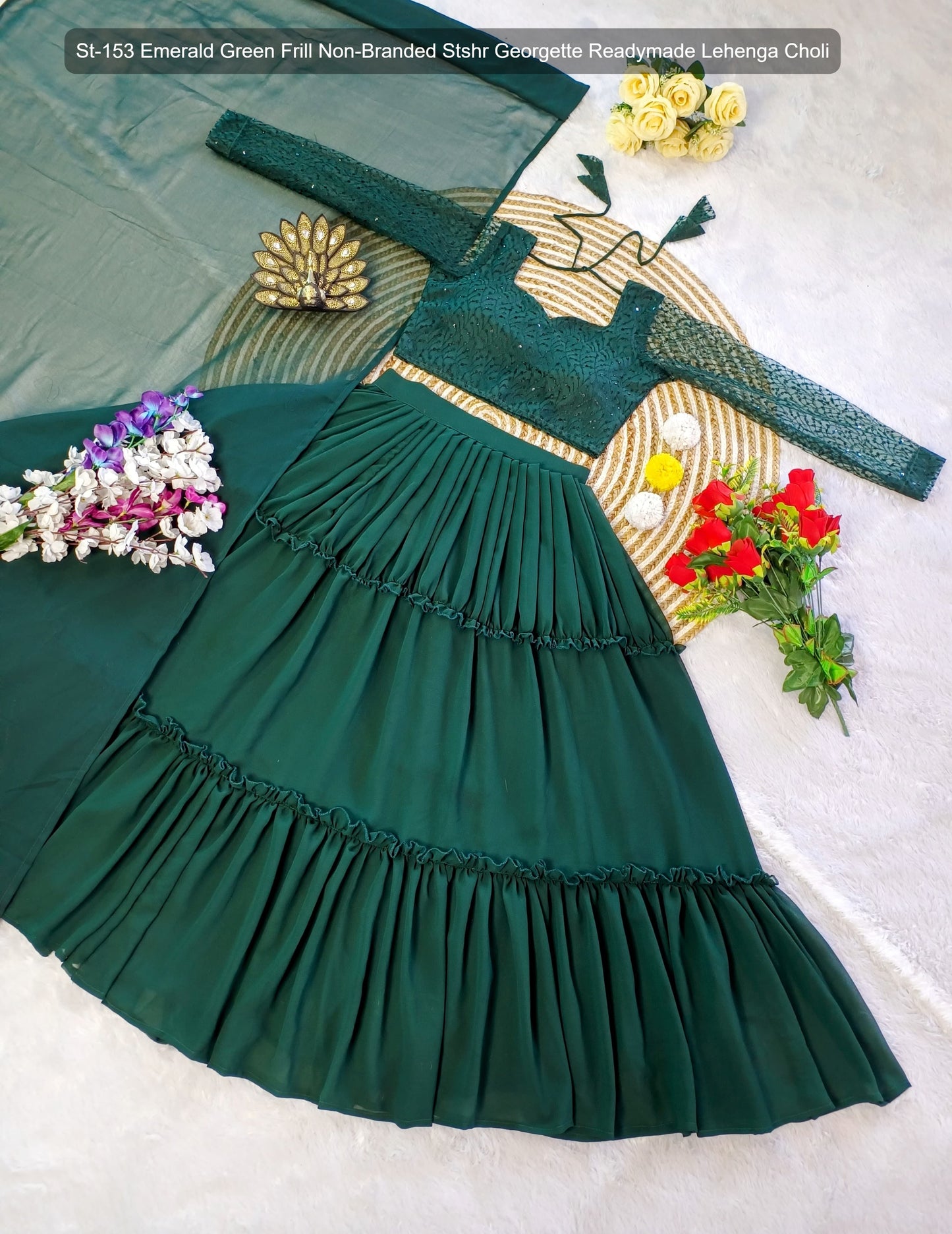 St-153 Emerald Green Frill Non-Branded Stshr Georgette Readymade Lehenga Choli