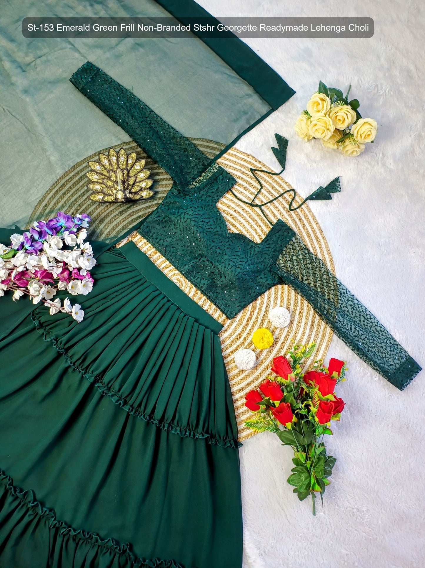 St-153 Emerald Green Frill Non-Branded Stshr Georgette Readymade Lehenga Choli