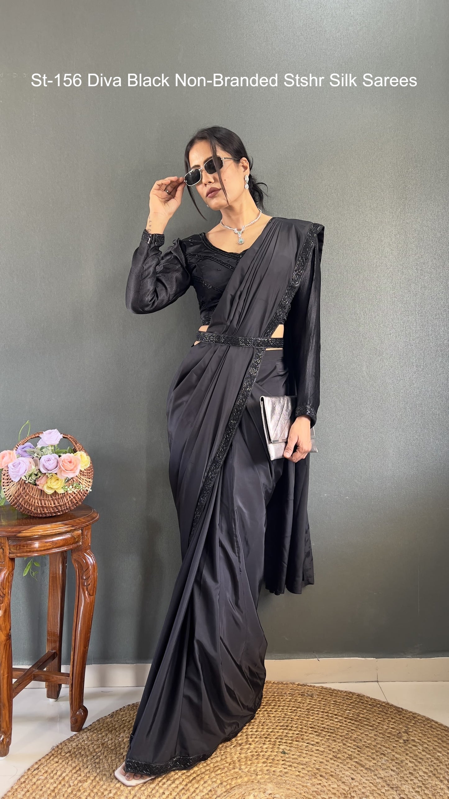 St-156 Diva Black Non-Branded Stshr Silk Sarees
