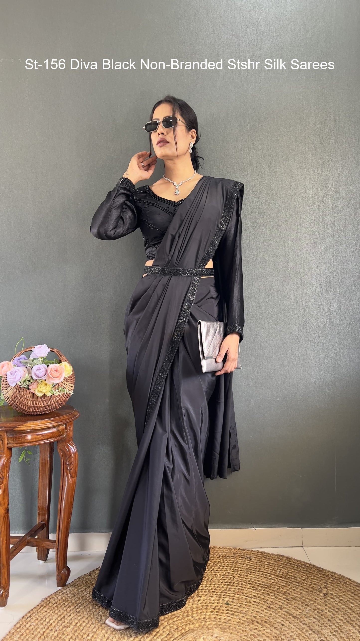 St-156 Diva Black Non-Branded Stshr Silk Sarees