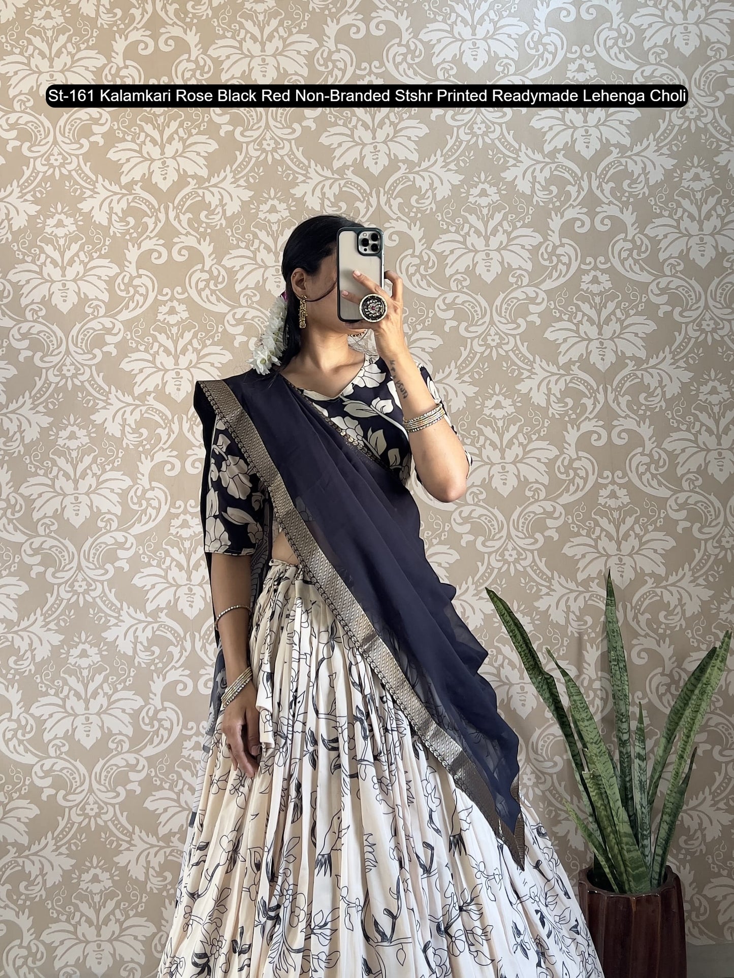 St-161 Kalamkari Rose Black Red Non-Branded Stshr Printed Readymade Lehenga Choli