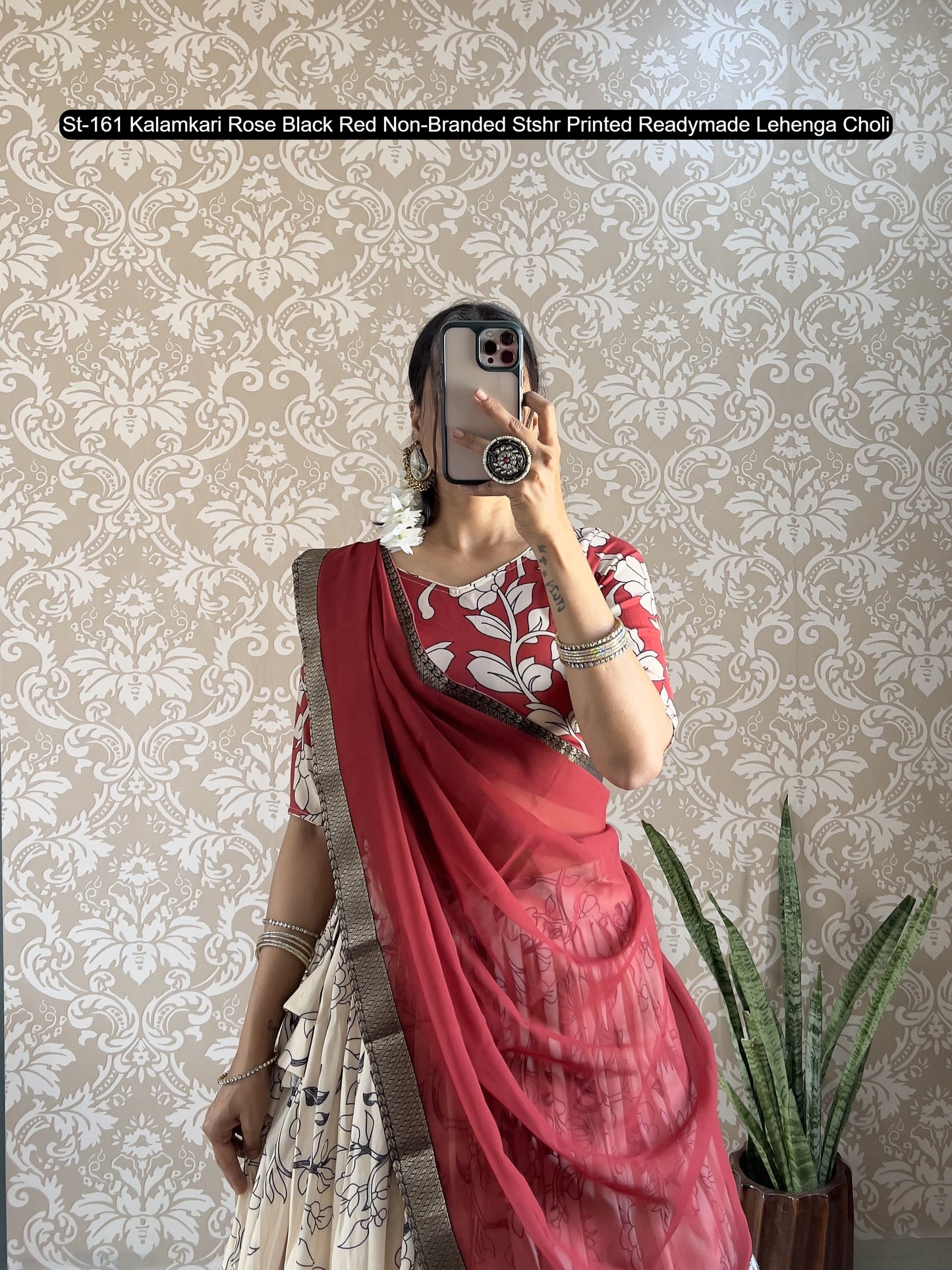 St-161 Kalamkari Rose Black Red Non-Branded Stshr Printed Readymade Lehenga Choli