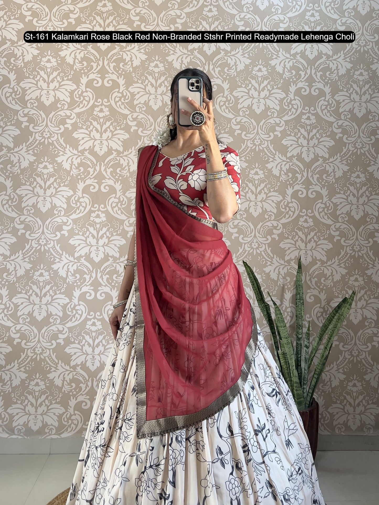 St-161 Kalamkari Rose Black Red Non-Branded Stshr Printed Readymade Lehenga Choli