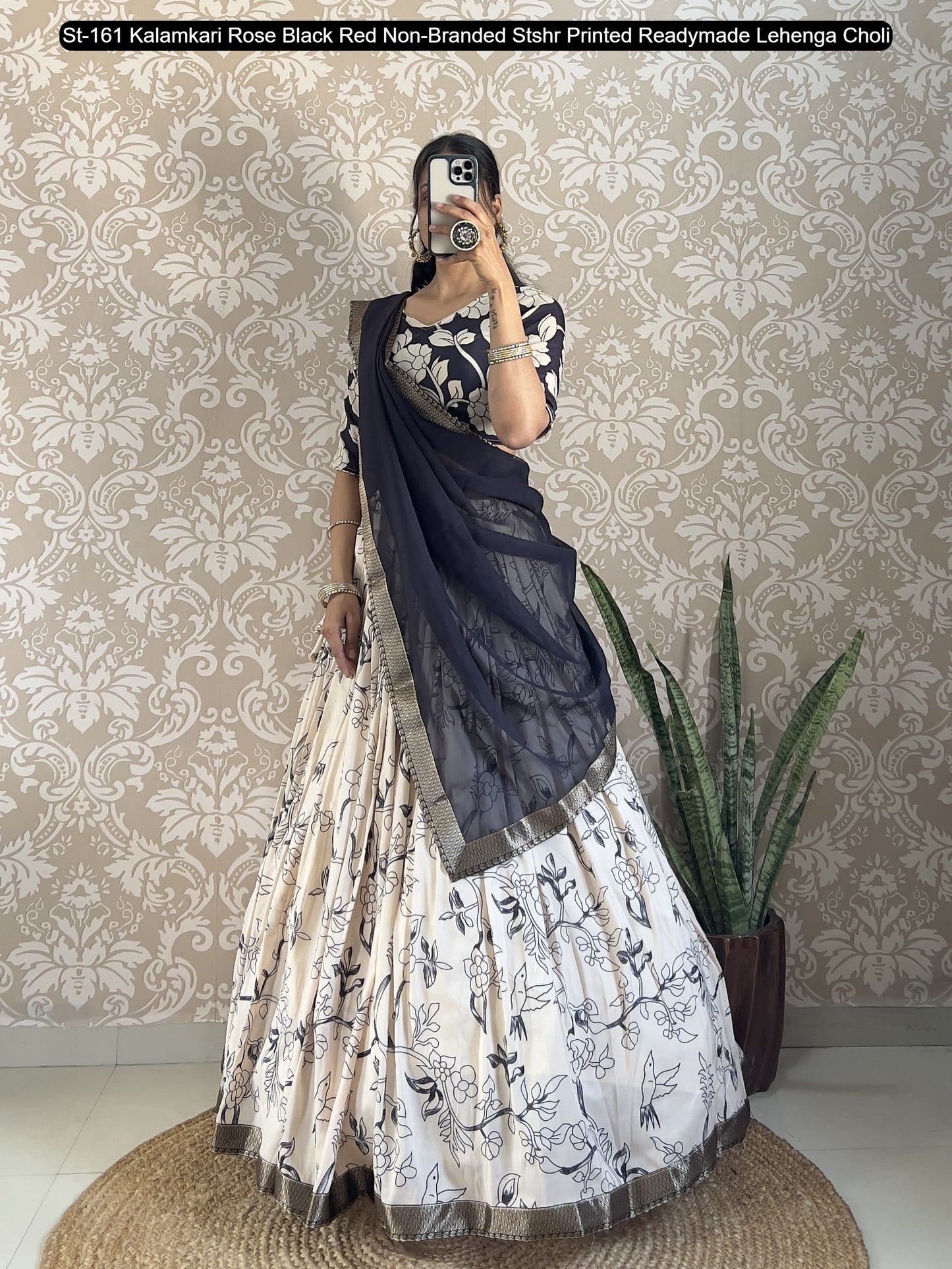 St-161 Kalamkari Rose Black Red Non-Branded Stshr Printed Readymade Lehenga Choli