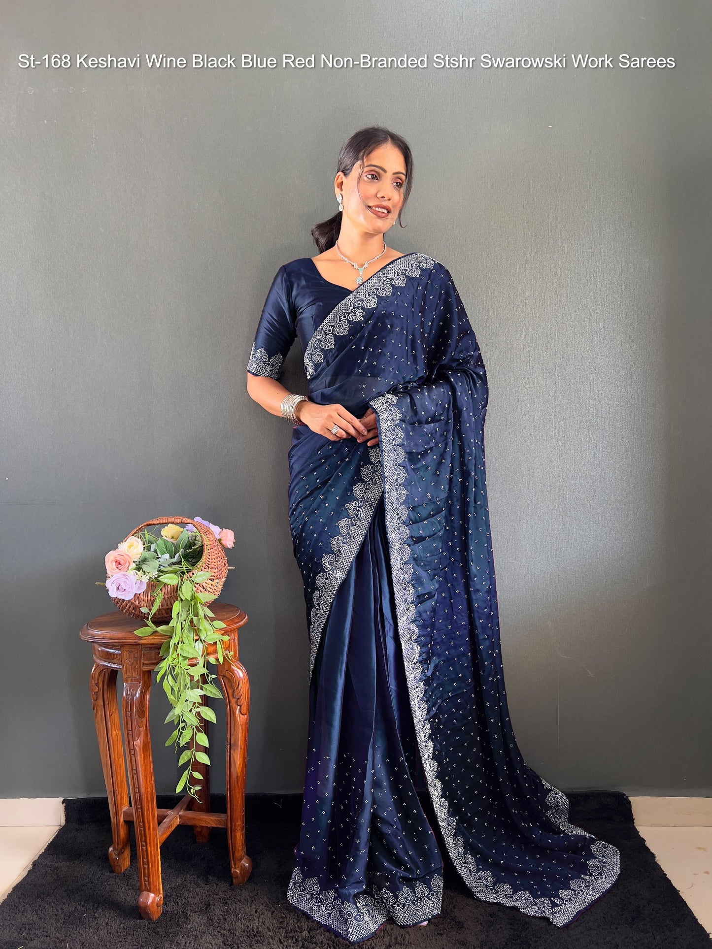 St-168 Keshavi Wine Black Blue Red Non-Branded Stshr Swarowski Work Sarees