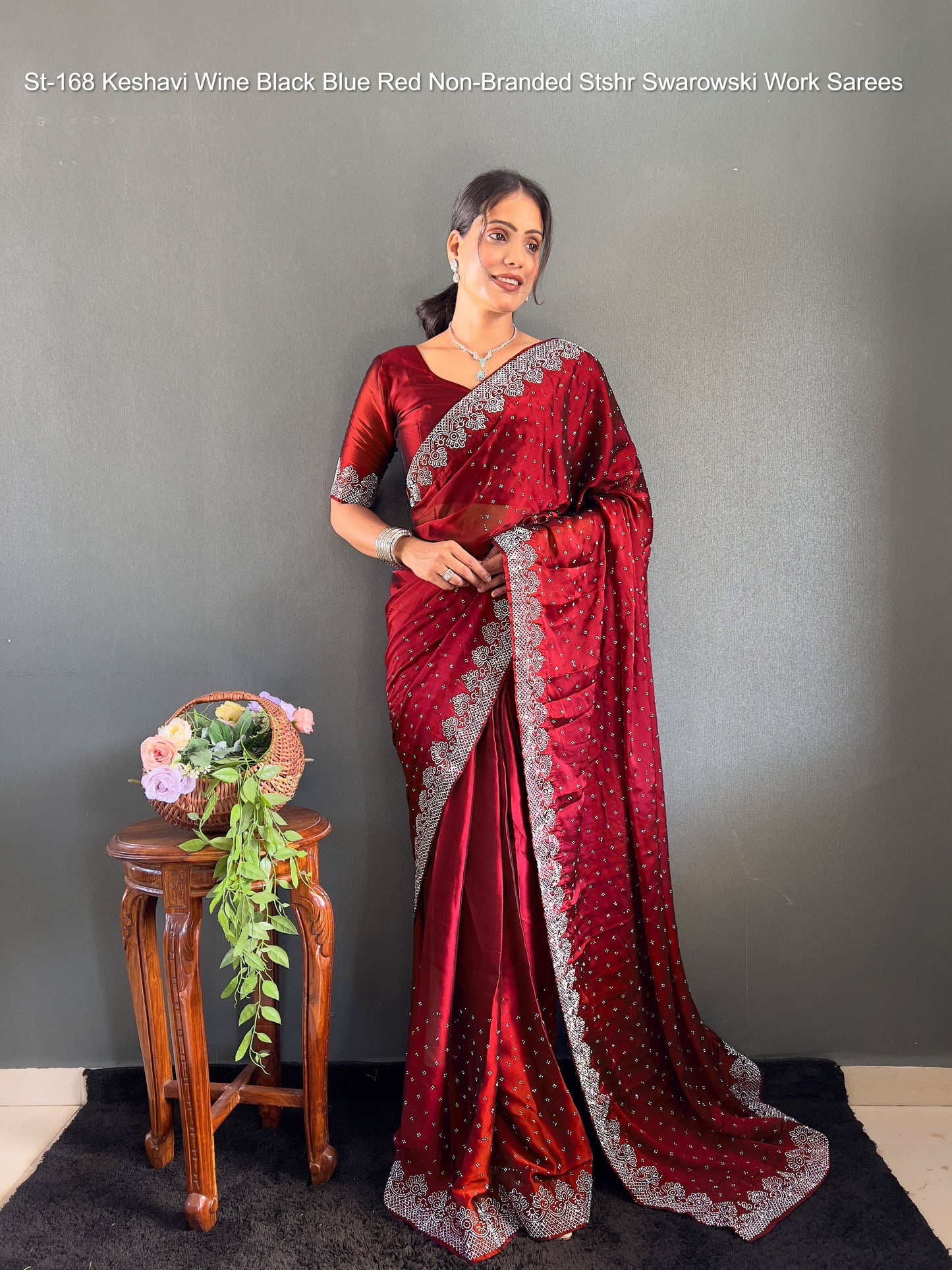 St-168 Keshavi Wine Black Blue Red Non-Branded Stshr Swarowski Work Sarees