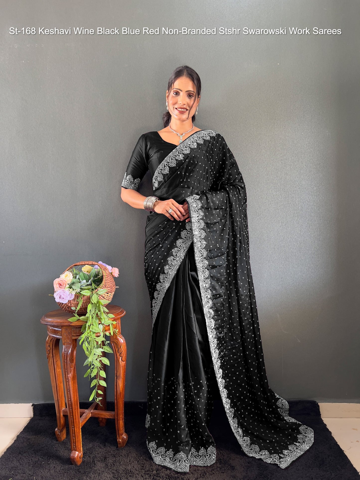 St-168 Keshavi Wine Black Blue Red Non-Branded Stshr Swarowski Work Sarees