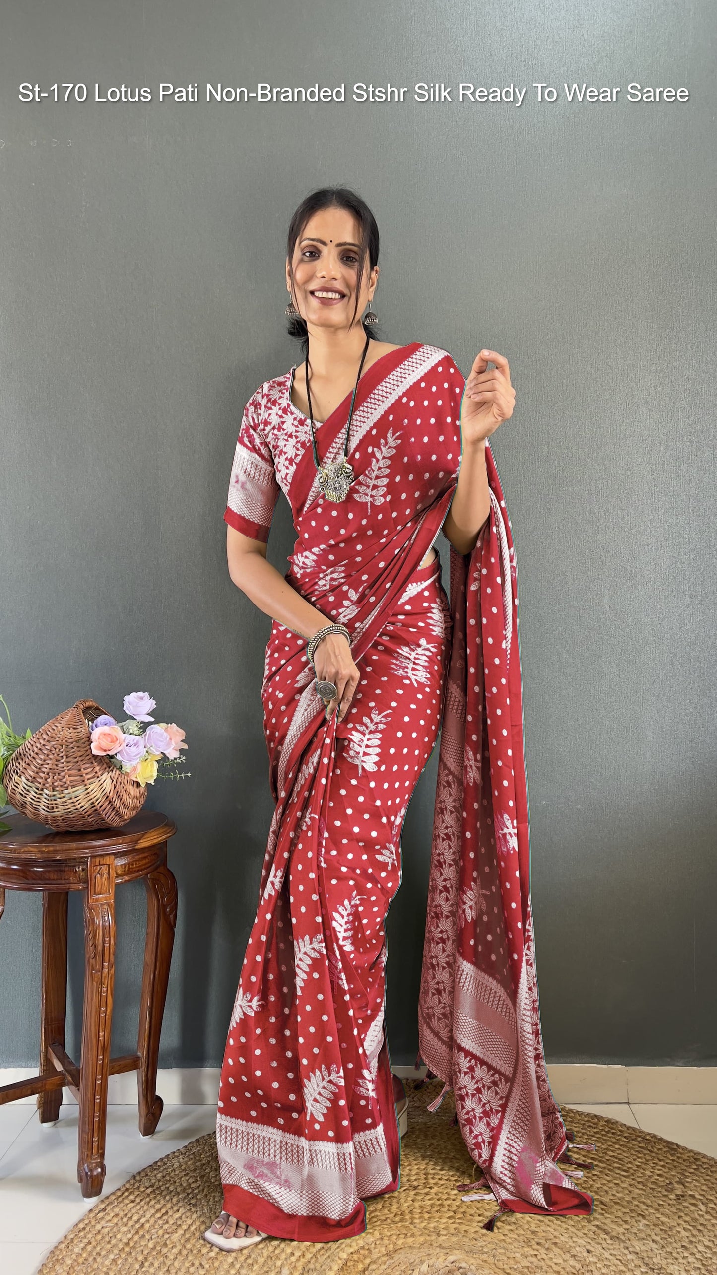 St-170 Lotus Pati Non-Branded Stshr Silk Ready To Wear Saree