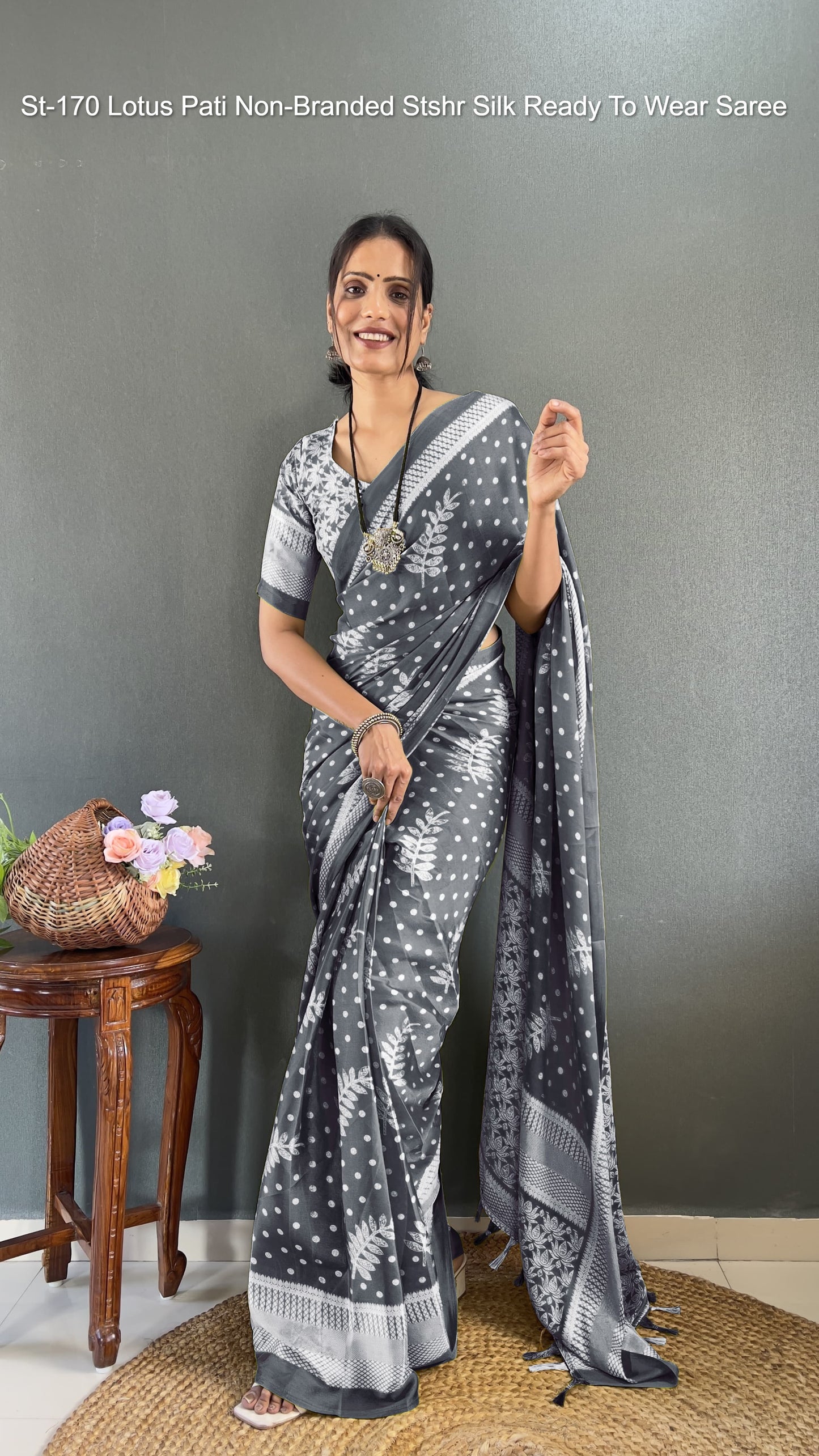 St-170 Lotus Pati Non-Branded Stshr Silk Ready To Wear Saree