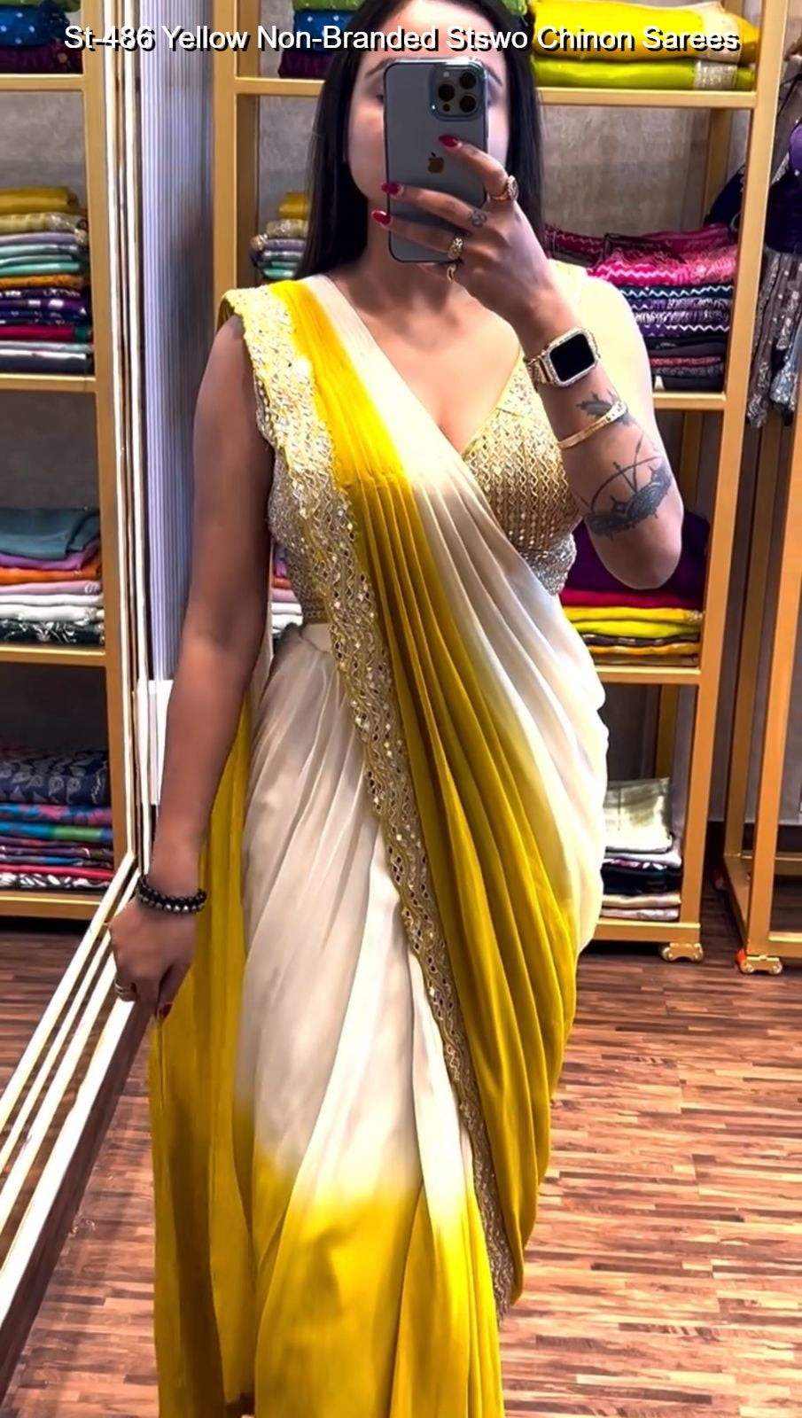 St-486 Yellow Non-Branded Stswo Chinon Sarees