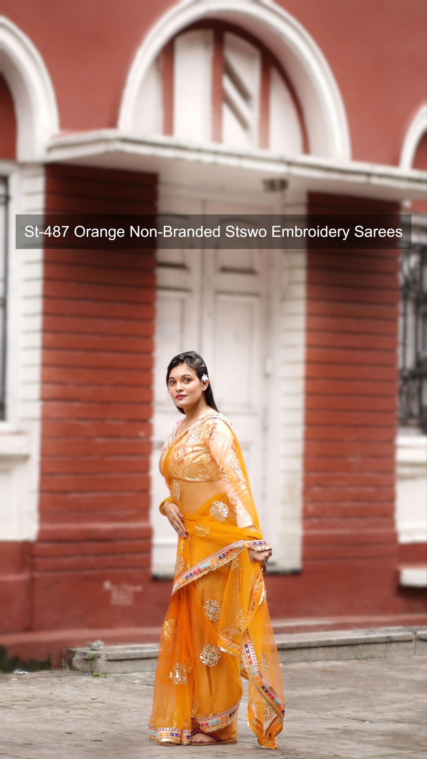St-487 Orange Non-Branded Stswo Embroidery Sarees