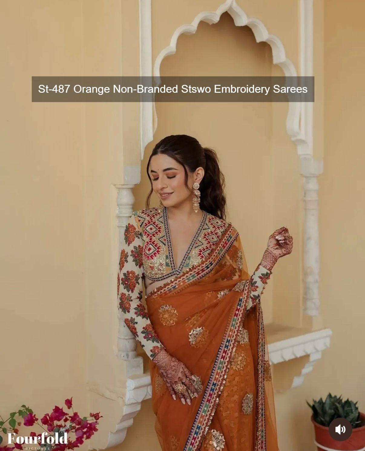 St-487 Orange Non-Branded Stswo Embroidery Sarees